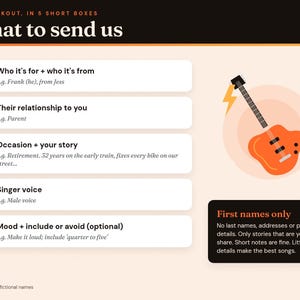 What to send: the five personalization boxes with example answers using fictional names