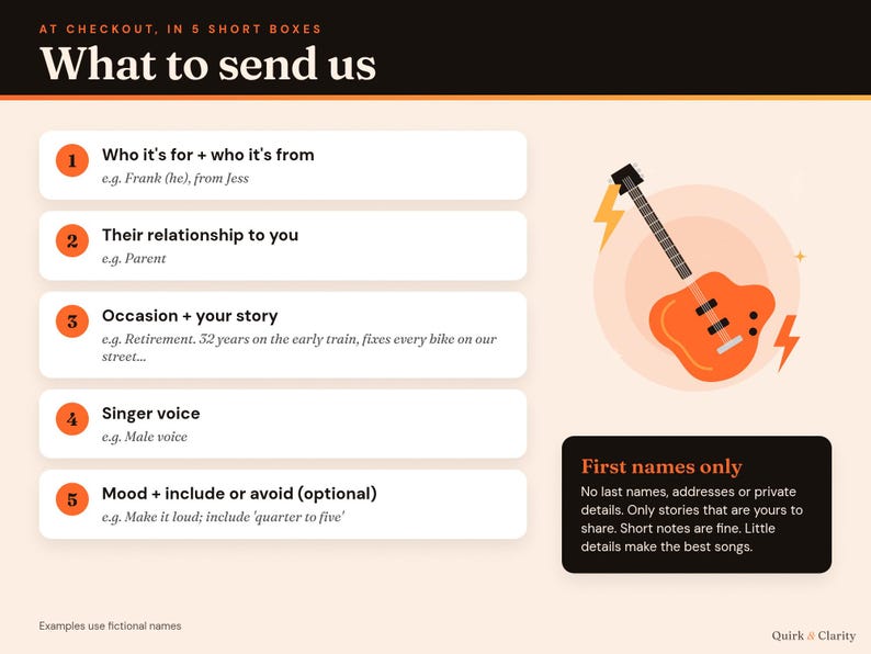 What to send: the five personalization boxes with example answers using fictional names