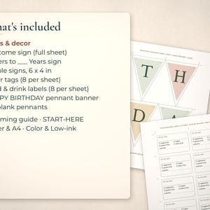List of birthday signs and decor beside a banner pennant sheet and a food and drink labels sheet