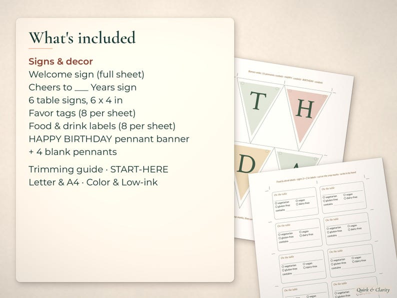 List of birthday signs and decor beside a banner pennant sheet and a food and drink labels sheet