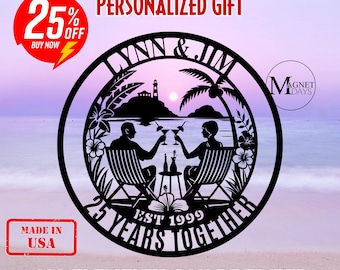 Custom 25th Anniversary Gift For Parents Couple Gift Silver Wedding Anniversary Metal Wall Art Sign Hawaii Tropical Beach Coastal Summer