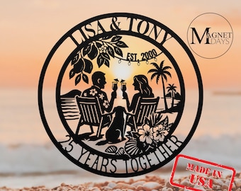 Custom 25th Anniversary Gift For Parents Couple Gift Silver Wedding Anniversary Metal Wall Art Sign Hawaii Tropical Beach Coastal Summer