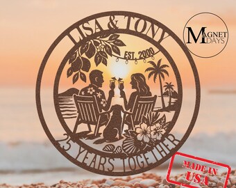 Custom 25th Anniversary Gift For Parents Couple Gift Silver Wedding Anniversary Metal Wall Art Sign Hawaii Tropical Beach Coastal Summer