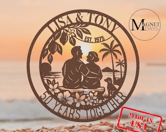 Custom 50th Anniversary Gift For Parents Couple Gift Golden Wedding Anniversary Metal Wall Art Sign Hawaii Tropical Beach Coastal Summer Dog