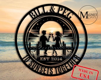 Personalized 10th Wedding Anniversary For Parents Metal Wall Art Sign Custom Tin Wedding Milestone Gift For Husband Wife Coastal Sunset Sign