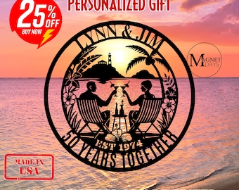 Custom 50th Anniversary Gift For Parents Couple Gift Golden Wedding Anniversary Metal Wall Art Sign Hawaii Tropical Beach Coastal Summer