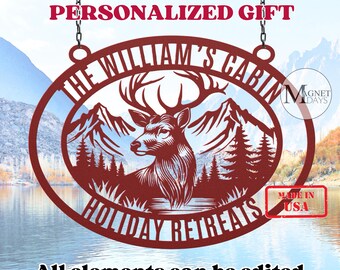 Custom Cabin Sign Personalized Metal Sign Cabin DecorMountain Decor Man Cave Sign Lake House Decor Rustic Deer Mountain Family Name Sign