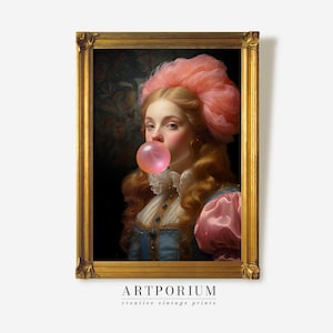 BubbleGum Portrait, mur éclectique, baroque, peinture à l'huile vintage, art modifié, décoration maximaliste, téléchargement imprimable, impression modifiée vintage