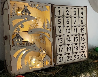 Wooden Advent Calendar, Christmas Village,Advent Book, Fill in Christmas Wooden Advent Calendar With 24 Drawers House DIY Countdown Calendar