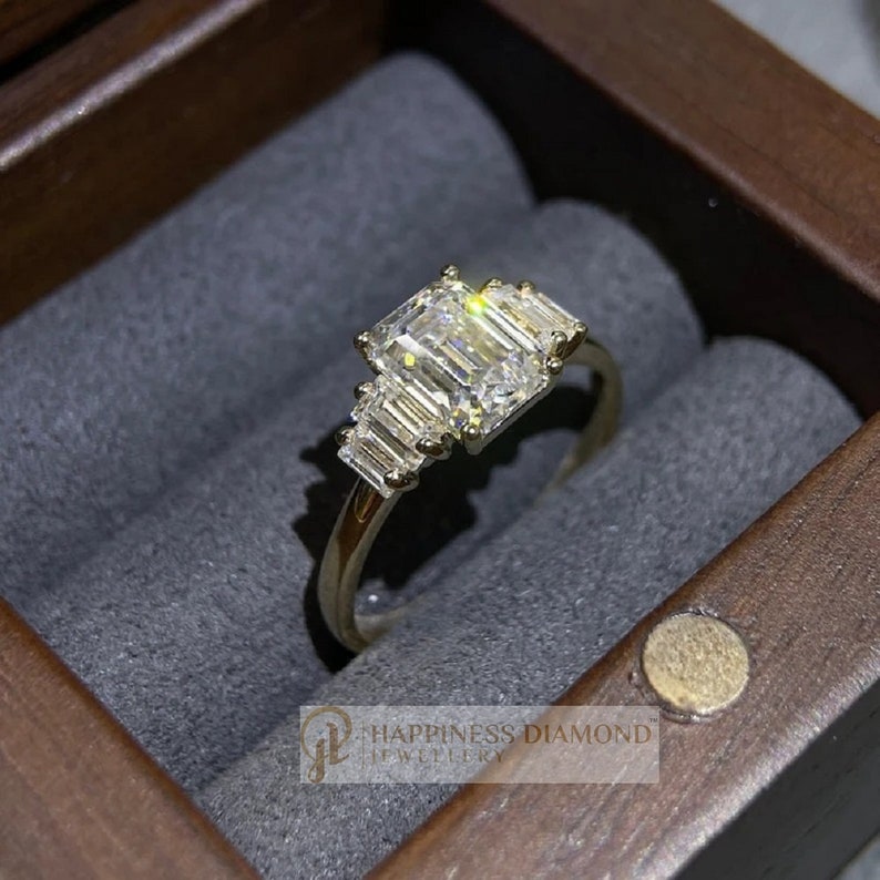 2CT Emerald Cut Three Stone Moissanite Engagement Ring/14k Yellow Gold Baguette Moissanite