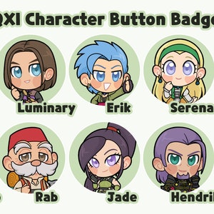 May include: A set of 10 round button badges featuring characters from the video game Dragon Quest XI. The characters are depicted in a chibi style with large eyes and smiling faces. The badges are colorful and feature a variety of characters, including a female warrior, a male mage, and a female healer.