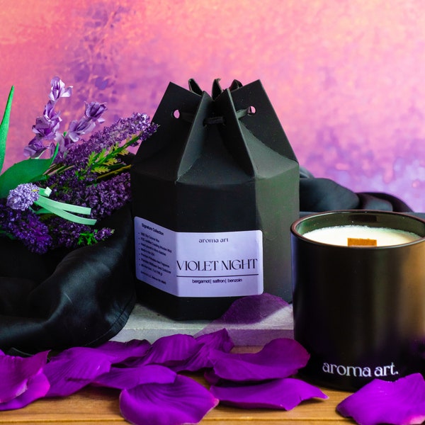 Nuit violette | Bergamote + Safran + Benjoin| Cadeau bougie | Bougie | Bougie mèche en bois appartenant à Black | Cadeau pour maman | Bougie florale