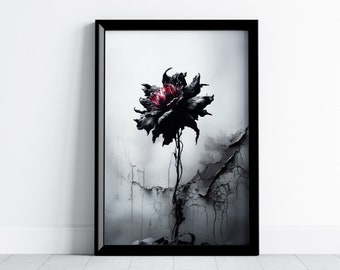 May include: A black and white framed print of a single black flower with a red center, set against a textured gray background.