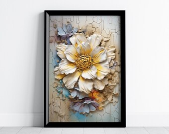 Floral Wall Art Printable, Abstract Flower Print Digital Download Flower Art, Rustic Cottage Style Decor, 3D Flower Artwork