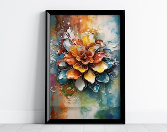 Könnte beinhalten: Ein gerahmtes abstraktes Gemälde einer großen, farbenfrohen Blume mit Blütenblättern in Blautönen, Gelb, Orange und Rot. Der Hintergrund ist ein Aquarell in Blau, Grün und Gelb.