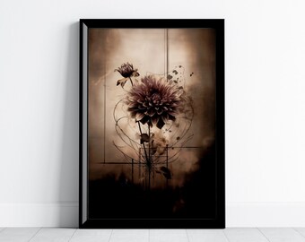 May include: A framed print of a sepia-toned flower with a dark background and abstract lines.