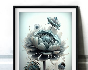 Dusty Blue Flowers | Large Flower Print | AI Art Print