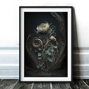 Dark and Moody Fantasy Rose Print - Modern Dark Cottagecore Wall Art | AI Art Print