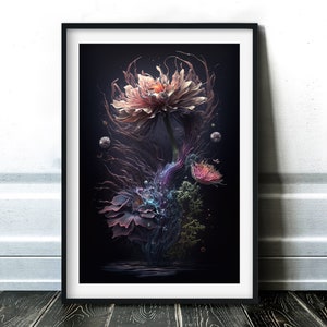 Op de afbeelding: Een ingelijste kunstdruk met een surrealistisch bloemendesign. Het kunstwerk toont een grote, meerlagige bloem in perzik- en roze tinten, met ingewikkelde details tegen een donkere achtergrond. Kleinere, levendige bloemen en organische vormen voegen diepte toe.