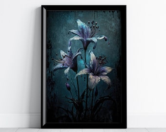 Cottagecore Lily Decor, Witchy Gothic Wall Art, Dark Academia AI Art Print