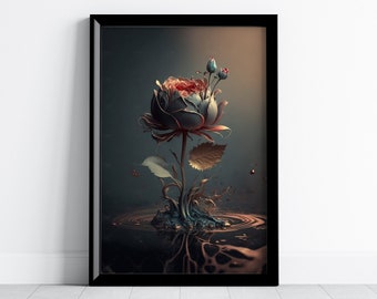 Rose Gothic Wall Decor, Pastel Goth Decor, Dark Floral Art Print for Dark Academia or Cottagecore Aesthetic - AI Art Print