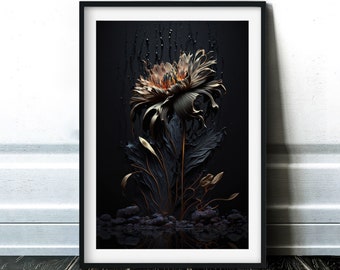 Könnte beinhalten: Gerahmter Kunstdruck mit einem stilisierten, dunklen Blumendesign. Das Kunstwerk zeigt eine große, detaillierte Blume mit Gold- und Bronzefarben vor einem schwarzen Hintergrund. Der Druck ist in einem schwarzen Rahmen, was einen auffälligen Kontrast erzeugt.