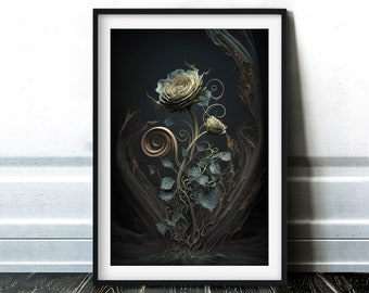 Dark and Moody Fantasy Rose Print - Modern Dark Cottagecore Wall Art / AI Art Print