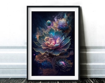 Fiori fantasy / Decoro murale magico celeste scuro / Stampa artistica AI