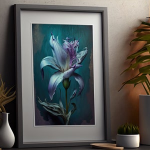 Blaue Lilie Blumen Wand Kunstdruck, Dark Cottagecore Dekor für Ihr Zuhause oder Büro, Whimsigoth Dekor, AI Art Print Bild 6
