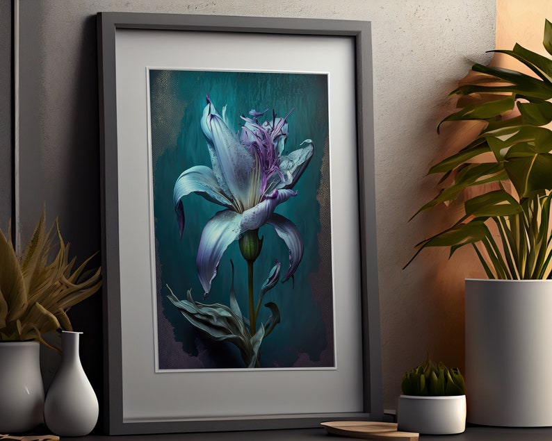 Blaue Lilie Blumen Wand Kunstdruck, Dark Cottagecore Dekor für Ihr Zuhause oder Büro, Whimsigoth Dekor, AI Art Print Bild 6