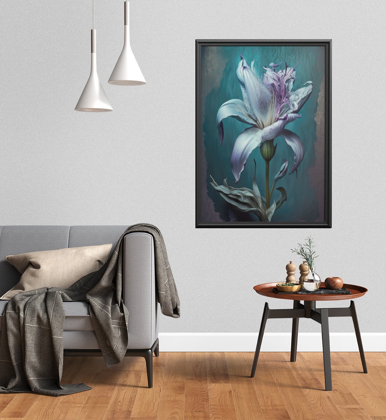 Blaue Lilie Blumen Wand Kunstdruck, Dark Cottagecore Dekor für Ihr Zuhause oder Büro, Whimsigoth Dekor, AI Art Print Bild 2