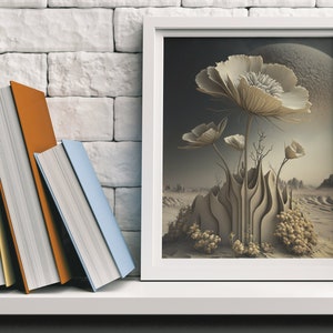 Op de afbeelding: Een ingelijste kunstdruk met een surrealistisch landschap met grote, gestileerde bloemen in neutrale tinten. Het kunstwerk staat in een witte lijst, tentoongesteld op een witte plank naast een stapel boeken met kleurrijke ruggen. De achtergrond is een witte bakstenen muur.