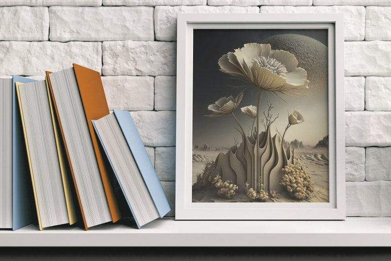 Op de afbeelding: Een ingelijste kunstdruk met een surrealistisch landschap met grote, gestileerde bloemen in neutrale tinten. Het kunstwerk staat in een witte lijst, tentoongesteld op een witte plank naast een stapel boeken met kleurrijke ruggen. De achtergrond is een witte bakstenen muur.