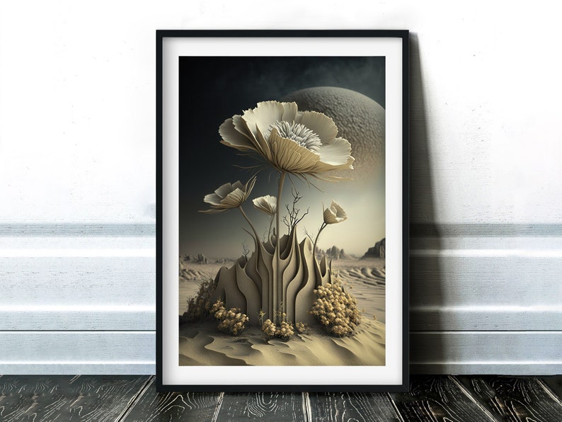Op de afbeelding: Een ingelijste kunstdruk met een surrealistisch woestijnlandschap met grote, gestileerde witte bloemen. Het kunstwerk heeft een gedempt kleurenpalet van beige, bruin en donkerblauw. De print zit in een zwart frame.