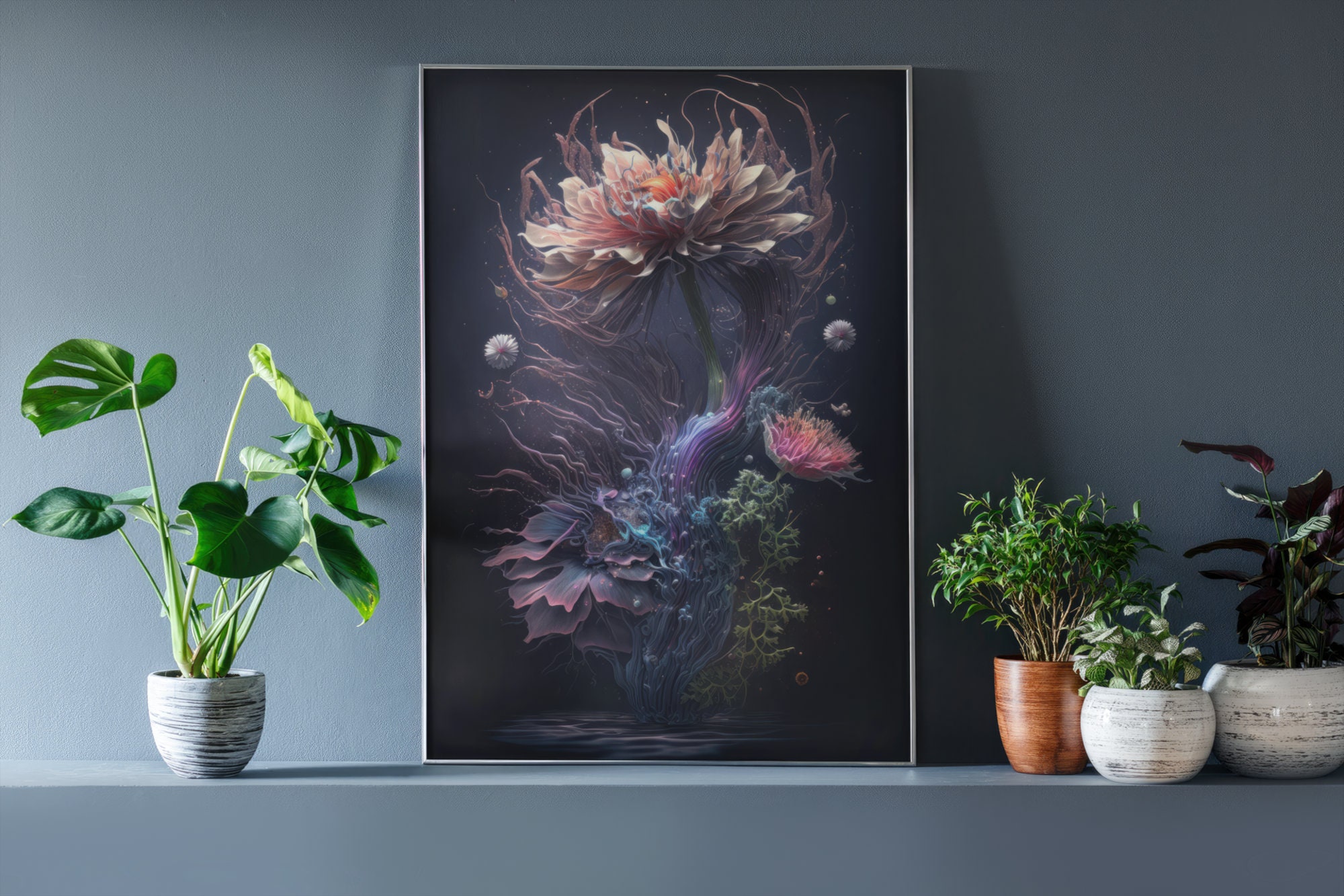 Dark Floral Wall Art | Modern Botanical Print | AI Art Print - Etsy