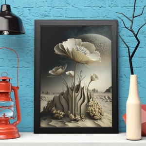 Op de afbeelding: Een ingelijste kunstdruk met een surrealistisch landschap met grote, witte, gestileerde bloemen. Het kunstwerk staat in een zwarte lijst en tegen een achtergrond van een woestijnachtige sc&egrave;ne met een groot, bolvormig object in de lucht. Het kleurenpalet is neutraal met tinten beige en grijs.