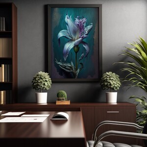 Blaue Lilie Blumen Wand Kunstdruck, Dark Cottagecore Dekor für Ihr Zuhause oder Büro, Whimsigoth Dekor, AI Art Print Bild 4