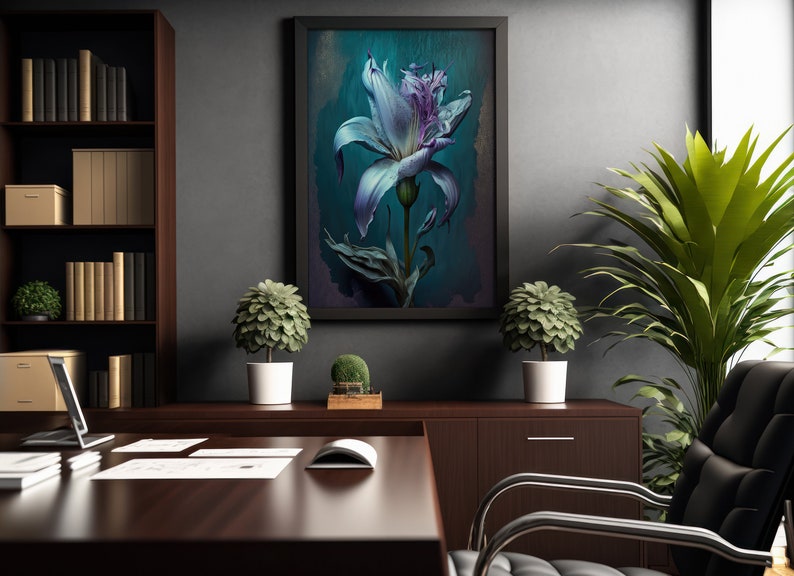 Blaue Lilie Blumen Wand Kunstdruck, Dark Cottagecore Dekor für Ihr Zuhause oder Büro, Whimsigoth Dekor, AI Art Print Bild 4