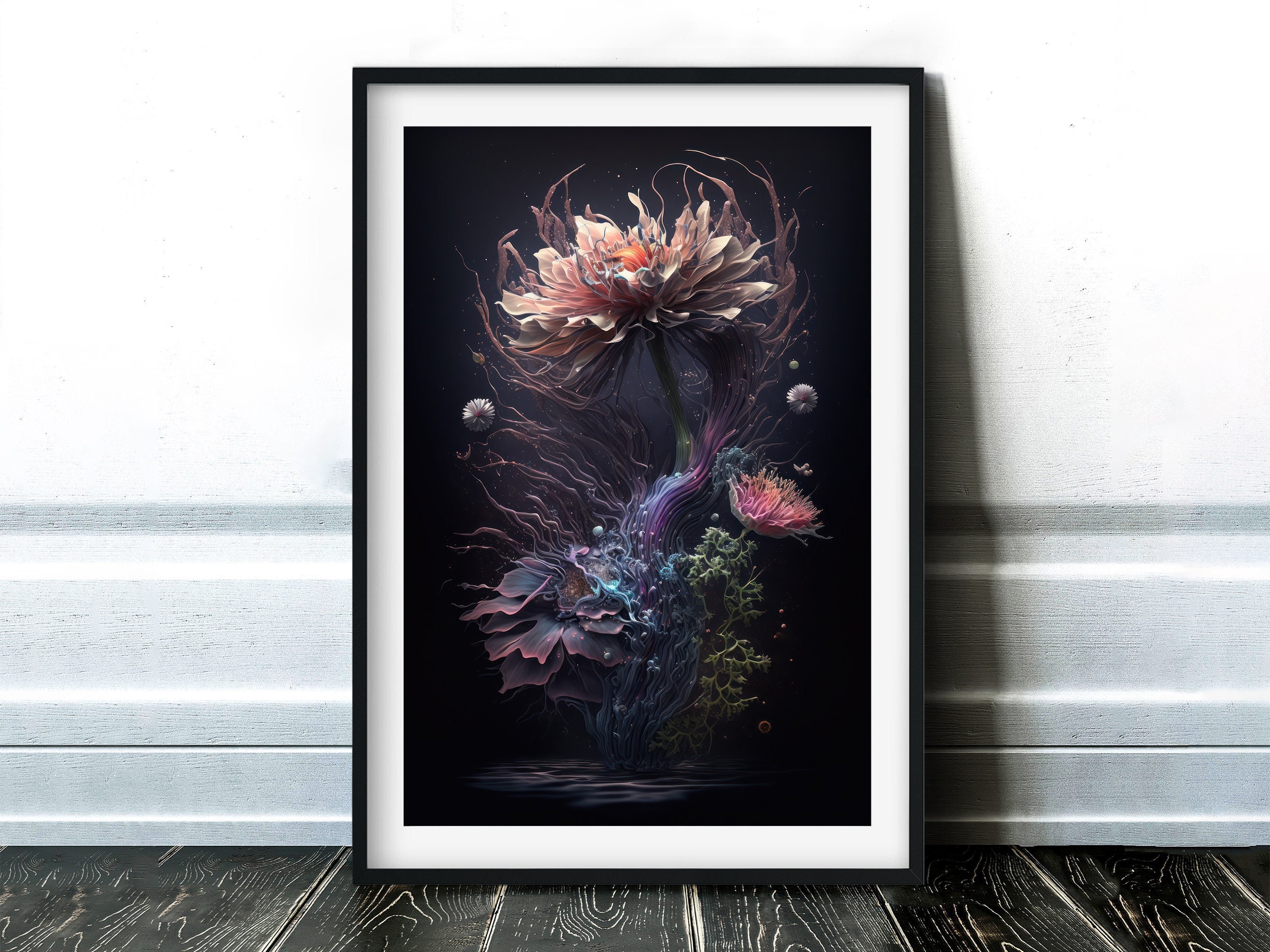 Dark Floral Wall Art | Modern Botanical Print | AI Art Print - Etsy