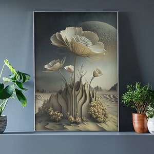 Op de afbeelding: Een ingelijste kunstdruk met een surrealistisch landschap met grote, gestileerde witte bloemen. Het kunstwerk heeft een gedempte kleurenpalet met beige, grijze en witte tinten. De print wordt weergegeven op een blauwe muur met potplanten.