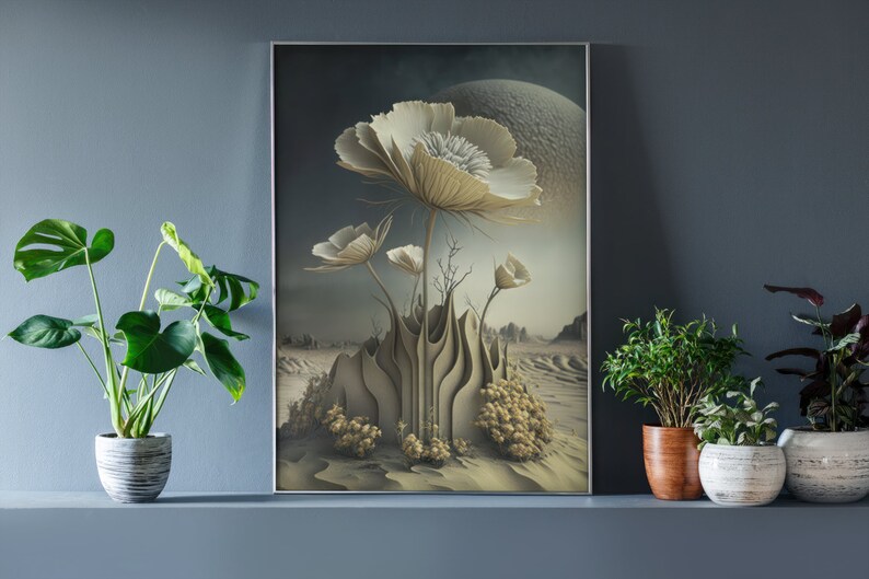 Op de afbeelding: Een ingelijste kunstdruk met een surrealistisch landschap met grote, gestileerde witte bloemen. Het kunstwerk heeft een gedempte kleurenpalet met beige, grijze en witte tinten. De print wordt weergegeven op een blauwe muur met potplanten.