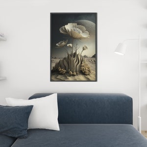 Op de afbeelding: Een ingelijste kunstdruk met een surrealistisch landschap met grote, witte, bloemachtige vormen. Het kunstwerk heeft een gedempt kleurenpalet met een grote, bolvormige vorm op de achtergrond, wat een dromerige sfeer cre&euml;ert.