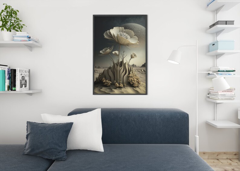 Op de afbeelding: Een ingelijste kunstdruk met een surrealistisch landschap met grote, witte, bloemachtige vormen. Het kunstwerk heeft een gedempt kleurenpalet met een grote, bolvormige vorm op de achtergrond, wat een dromerige sfeer cre&euml;ert.