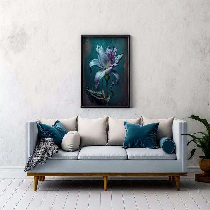 Blaue Lilie Blumen Wand Kunstdruck, Dark Cottagecore Dekor für Ihr Zuhause oder Büro, Whimsigoth Dekor, AI Art Print Bild 3