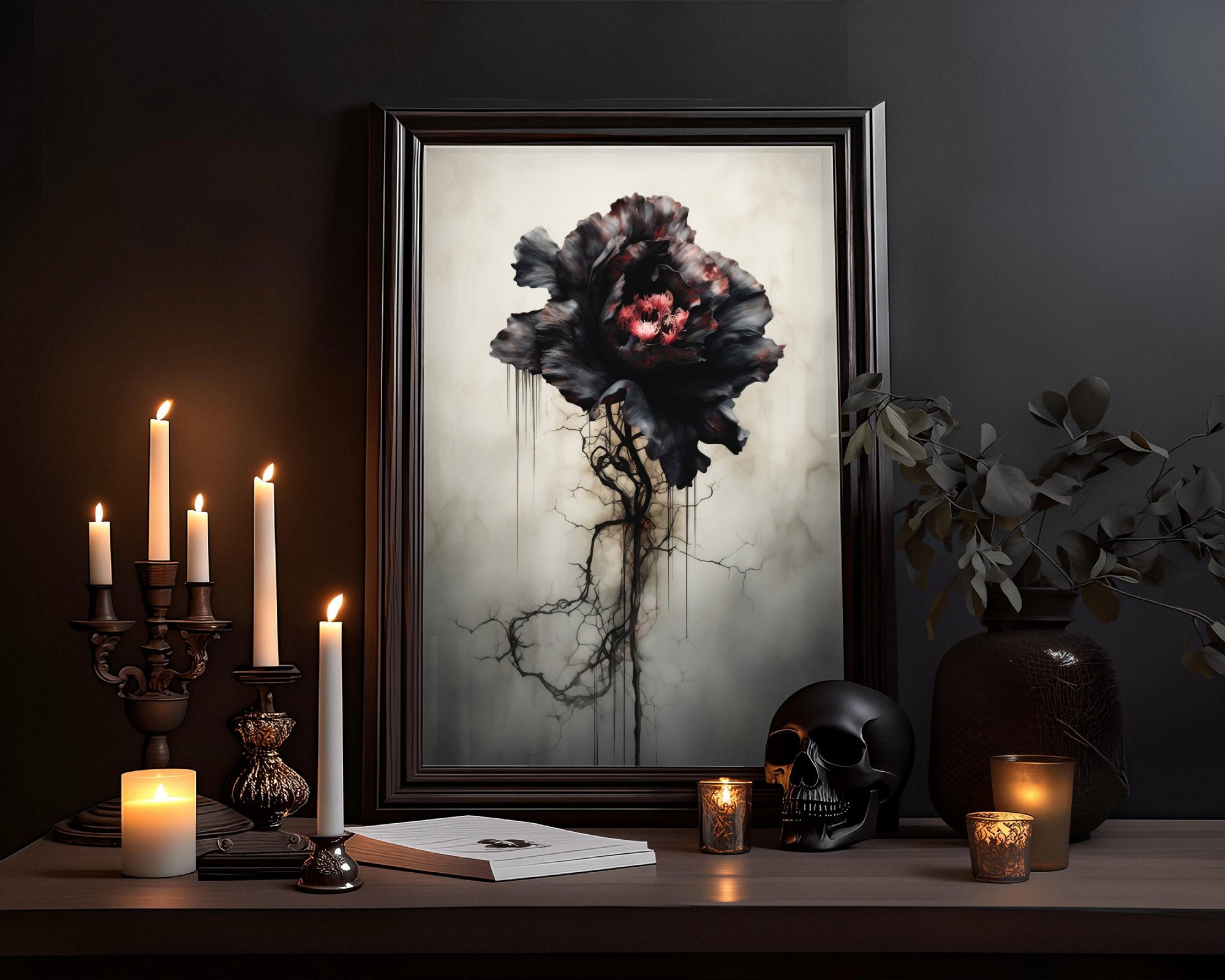 Dark Floral Printable, Black Rose Wall Art, Gothic Home Decor, Abstract ...