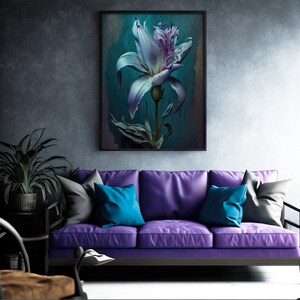 Blaue Lilie Blumen Wand Kunstdruck, Dark Cottagecore Dekor für Ihr Zuhause oder Büro, Whimsigoth Dekor, AI Art Print Bild 5