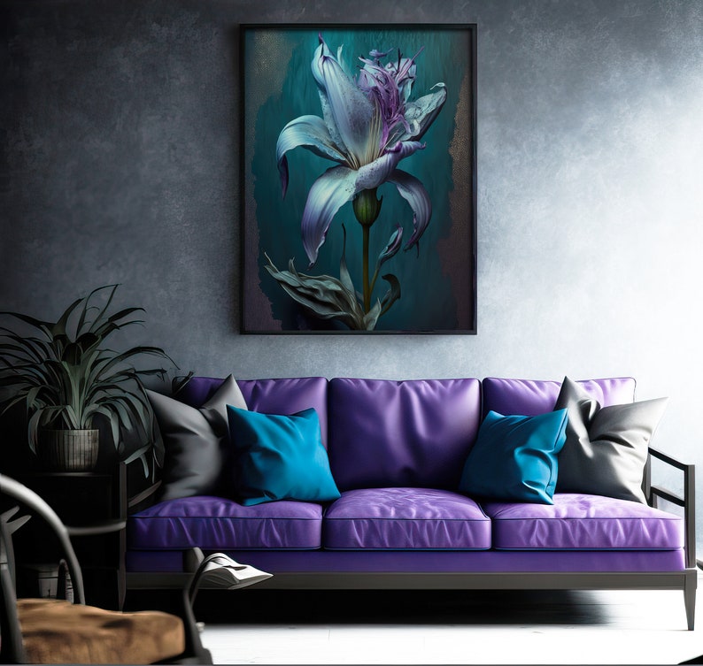 Blaue Lilie Blumen Wand Kunstdruck, Dark Cottagecore Dekor für Ihr Zuhause oder Büro, Whimsigoth Dekor, AI Art Print Bild 5
