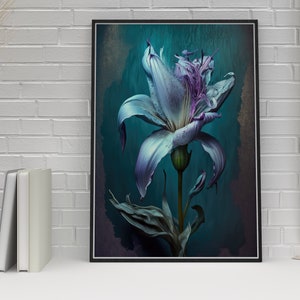 Blaue Lilie Blumen Wand Kunstdruck, Dark Cottagecore Dekor für Ihr Zuhause oder Büro, Whimsigoth Dekor, AI Art Print Bild 7