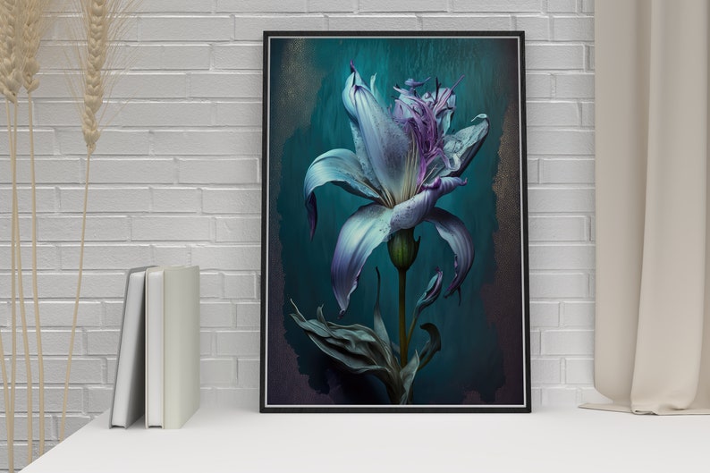 Blaue Lilie Blumen Wand Kunstdruck, Dark Cottagecore Dekor für Ihr Zuhause oder Büro, Whimsigoth Dekor, AI Art Print Bild 7