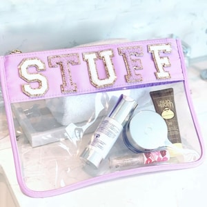 Custom Name Clear Pouch Makeup Bag Snacks Cosmetic Personalize Nylon New Glitter Letters Word varsity patch patches chenille